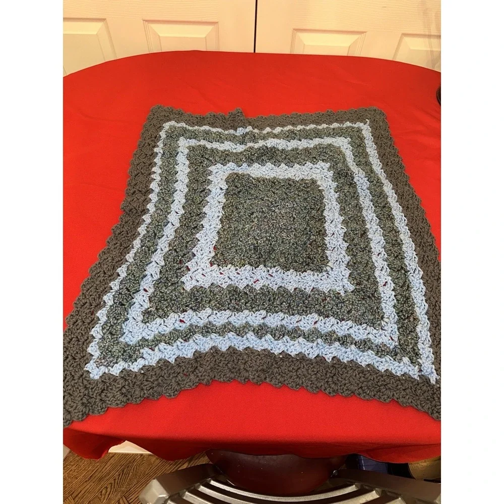 Crocheted Afghan Lap Blanket Gray Blue Green Size Small